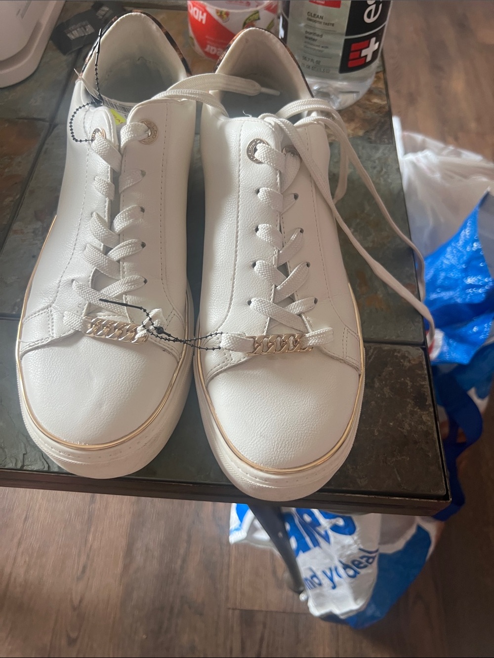 Aldo White Platform Sneakers with Gold Chain Accent